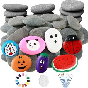 About 40 Pcs 3''-4'' Large River Rocks for Painting with Painting Kit Smooth Kindness Natural Rocks Flat Stones for Teens Adult Craft Enthusiasts, Bulk Paintable Pebbles for Home Decor, Holiday Gift