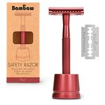 Bambaw Red Double Edge Safety Razor with Stand for Men | Reusable Metal Razor Eco Friendly DE Razor | Safety Razors Fit All Double Edge Razor | Men's Safety Shaving Razors | One Blade Metal Razor