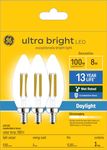 GE Ultra Bright LED 100 Watt Replacement, Daylight, B11 Deco - Candle Bulbs (3 Pack)