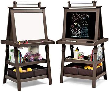 GOPLUS Cavalletto per Bambini con Double Face, Lavagna per Dipingere con 2 Ripiani, Giochi Educativi con Accessori Completi, in Legno, 59 x 50 x 117 cm (Marrone)