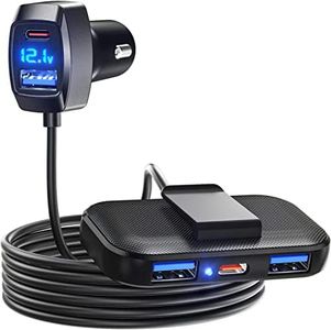 LENCENT 5 Multi Ports Type C Car Charger, 31W USB C Charger Adapter, Compatible for Phone, Voltage Detection, Multiple Cigarette Lighter Adapter with 1.5M Cable for Back Seat Charging