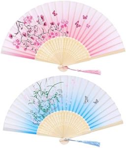 Bantoye 2 Pieces Handheld Fans, Silk Folding Fans with Bamboo Frames for Dancing Cosplay Wedding Party Props Decoration (Pink Blue, Floral)