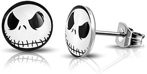 10 MM Stainless Steel Jack Skellington Round Circle Button Stud Post Earrings