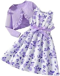 Floerns Girl's 2 Piece Outfit Floral Dress and Long Sleeve Ruffle Trim Jacket Mauve Purple 11-12Y