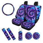 Horeset Purple Spiral Tie Dye 10 Pieces Car Seat Cover with Seat Belt Cushion Pad, Steering Wheel Cover, Key Chains Lipstick Holder, Car Coasters Auto Decoration