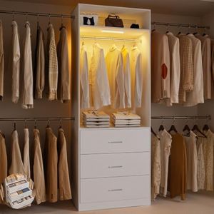 AXCIGOC Wooden Closet System With LED Light 11FT Closet Organizer with 3 Wooden Drawers Walk-in Closet Organizer System with Tower and 4 Extendable Hanging Rods White