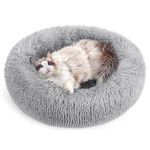 rabbitgoo Cat Bed for Indoor Cats, Soft Plush Donut Cuddler Cushion Pet Bed, Fluffy Round Bed, Self Warming Calming Bed for Small Dogs Kittens, Non-Slip, Machine Washable, Light Grey, L