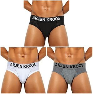 Arjen Kroos Men's Jockstrap Underwear Breathable Mesh Athletic Supporter Cotton Pouch Jock Briefs,Black/White/Grey（3 PACK-AK2150,Large