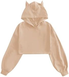 WDIRARA Girl's Cute Cat Ear Crop Tops Long Sleeve Causal Plain Hoodie Sweatshirt Shirt Khaki 13-14Y