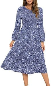 Ellakoko Women‘s Casual Long Sleeve Fall Smocked Midi Dress Crew Neck Floral Tiered Dress with Pockets, Blue, X-Large