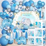 PARTY SPOT! 87 PCS Baby Shower Decorations for Boy, 5 Pcs White Balloon Boxes Blocks, 65 PCS Latex Balloons, 2 sets of BABY and elephant figure Stickers, Blue Elephant Theme Baby Shower Decorations