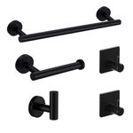 JIALTO Bathroom Accessories 5 Pcs Set/Stainless Steel Round Wall Mounted 16" Hand Towel Hanger for Bathroom/Tissue Paper Holder / 3 Robe Towel Holder Hooks - Matte Black