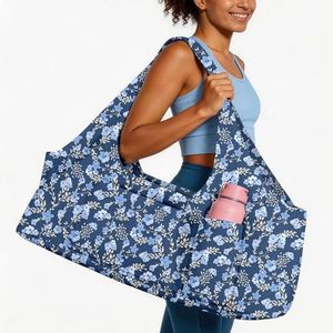 Adalore Women's Yoga Bag with Yoga Mat Carrier - Large Blue Flowers Mat Pocket Fitness Tote for Pilates, Gym, Travel, Office & Beach