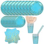 Trimming Shop 80pcs Disposable Party Tableware Set, Polka Dot Disposable Dinnerware Set Party Plates Napkins Cups Straws Fork Spoons for Baby Shower Birthday Party Bridal Shower Confetti Gold Dot Blue