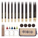 Lantern Moon Interchangeable Knitting Needles – 10 Pairs of 10cm 4” Tips – 3 Swivel Cords 60,80,100cm – End Caps, Stitch Markers - Khadi Silk Zippered Case, Ebony