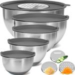 Priority Chef Stainless Steel Mixing Bowls with Lids Set, 3 Grater Attachments, Airtight Lids, Non-Slip Silicone Base Mixing Bowl Set, Large Prep Metal Mixing Bowls for Kitchen, Grey