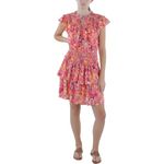 BCBGMAXAZRIA Women's Fit and Flare Mini Dress Short Ruffle Cap Sleeve Smocked Waist Shoulders Notched V Neck Tiered Skirt, Floral, X-Small