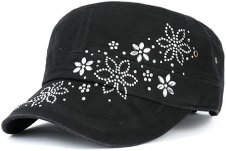 ililily Crystal/Black Gemstone Flower Vintage Military Army Hat Short Brimmed Cadet Cap, Black/Crystal