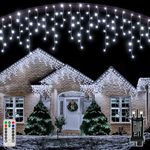 Ollny Icicle Outdoor Christmas Lights, 396 LED 10M Waterproof Hanging Fairy Light, Plug/Remote/8 Modes/Timer/Connectable Warm White String Light, Lighting Outside Gutter House Roof Xmas Decorations