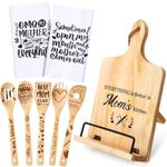 Suttmin 8 Pieces Mom Gifts Birthday Gifts for Mom Include 1 Cookbook Stand Recipe Holder 5 Wooden Spoons Utensils 2 Kitchen Towels for Mother's Day Kitchen Gifts