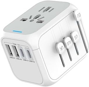 HITRENDS Universal International Power Travel Plug Adapter, 5 in 1 European Travel Plug Adapter 2xUSB-A and 2xUSB C Wall Charger and Worldwide AC Outlet for Europe USA UK AUS Asia, White