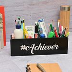 GKD Desk Organizer and pen stand for office table stylish and eco friendly personal organiser box 4 compartment unique gifts and desk decor with 3d motivation tag (Achiever Black)