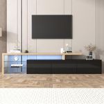 BTM TV Stand Cabinet, TV Stand LED, High-gloss Black TV Unit with Practical Storage, Glass Shelves & 7 Colors LED Lighting, 200x39x42cm