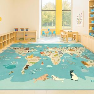 Huge Kids Rugs for Playroom Décor - 9x12 Boho Pastel Classroom Décor for Children, Washable Ultra Soft World Map Carpet with Blue Ocean, Continents & Cute Animals