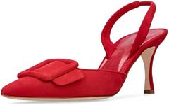 Divanne Slingback Pumps, Women's Kitten Heels Buckle Pointed Toe Slingbacks Heels Sandals Evening Party Wedding Shoe, Red-suede, 7