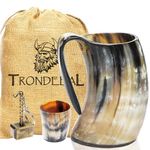 Thor Horn Drinking Horn Mug with Wooden Base - Genuine Handcrafted Viking Horn Cup for Mead, Ale and Beer - Original Medieval Tankard with Burlap Gift Sack