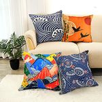 LIGICKY Japanese Style Decorative Throw Pillow Cover, Wave Mountain Sunset Carnes Umbrella Print Square Pillow Cases Cushion Covers for Couch Sofa Bed Home Decor (18x18 Inches, Set of 4)