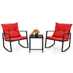 COSTWAY 3 Piece Rocking Bistro Set, Patio Rattan Furniture Set with Tempered Glass Coffee Table and Cushioned Chairs, Outdoor Wicker Conversation Sets for Garden Balcony Backyard Poolside (Red)