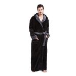 FashGudim Mens Robes Big and Tall with Hood Two-Tone Flannel Fleece Contrast Bathrobe Full Length Plush Long Robe House Coat, Black & Grey, Large-X-Large Big Tall