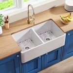 Davivy White Farmhouse Sink Double Bowl 33 Inch Farm Sink,33x18 Fireclay Sink White Kitchen Sink Double Bowl Kitchen Sink 50/50,Apron Front Sink Undermount Kitchen Sink,Porcelain Sink