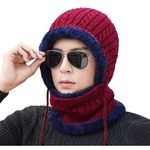 FabNext - Men I Boy's Winter Beanie Monkey Cap Hood with Drawstring Multi Use Woolen Balaclava Neck Warmer Scarf Casual Cap Hat | Freesize Red Color