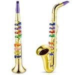 Amylove Set of 2 Musical Instruments Including Toy Clarinet and Toy Saxophone Plastic Saxophone Toy Clarinet with 8 Colored Keys for Home School Teaching Songs Music Gift, Gold Finish