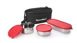 Signoraware Double Decker Special Stainless Steel Lunch Box with Bag (350ml, 350ml, 650ml, Black, Red) -Set of 3