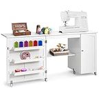 Giantex Folding Sewing Craft Table, 3 Storage Bins, Side Cabinet, Interior Shelf, Rolling Sewing Machine Cabinet Craft Station Desk with Lockable Wheels for Apartment Small Spaces, White