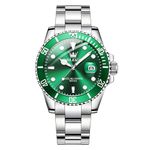 OLEVS Watches for Men Big Face Silver Stainless Steel Dress Watch for Men Classic Green Analog Quartz Waterproof Mens Watch Rotatable Bezel Calendar Men's Wrist Watches Relojes para Hombres