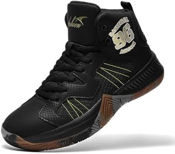 ASHION Kids Basketball Shoes Boys Gilrs Sneakers Mid-Top Lace Up Cushion Anti Slip Athletic Outdoor Sport Shoes for Unisex-Child Black Gold Size 7.5 Big Kid