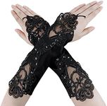 PURFUN Girls Princess Satin Lace Long Gloves Holy Communion Halloween Costume Gloves Wedding Flower Girl Fingerless Gloves, Black/Fingerless