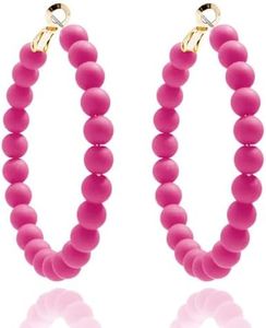 Hot Pink Earrings,Summer Pink Acrylic Beads Round Earrings, Bohemian Fashion Handmade Women's Earnail Jewelry,Beaded Hoop Earrings Pink Personalized Earrings, Sterling Silver