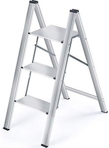 KINGRACK Step Ladder, 3 Step Aluminium Folding Step Stool, Portable Ladder with Large Platform,Slim Household Stepladder with Milti-fuction (3 Step)