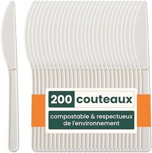HAAGO - 200 Couteaux Set de Couverts PLA - Réutilisables, lavables au Lave-Vaisselle, pour Les fêtes, Les Mariages, Les événements, pour Les Aliments Chauds et froids - Blanc 18cm/7"