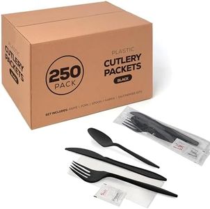 250 Plastic Cutlery Packets - Knife Fork Spoon Napkin Salt Pepper Sets | Black Plastic Silverware Sets Individually Wrapped Cutlery Kits, Plastic Utensil Cutlery Set Disposable Bulk To Go Silverware