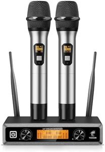 TONOR Microphone sans Fil Systèmes de Micro UHF Double Portable Micros Dynamiques pour Karaoké, Fête, DJ, Église, Mariage, Réunion, 60m, TW820, Gris