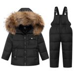 JiAmy Kids 2-Piece Snowsuit Winter Puffer Jacket and Snow Pants Ultralight Skisuit Set Black,90/18-24 Months