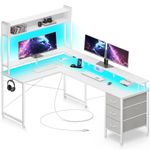 Seventable Computer Desk L Shaped with LED Lights & Power Outlet, 55" Reversible Gaming Desk with 3 Drawers & Storage Hutch, Home Office Desk with Monitor Stand, Corner Desk with Hook, White