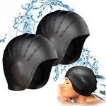 Sadodo 2PCS Pack Swim Cap,Cover Ears Swimming Cap Bathing Hat Silicone Waterproof, 𝐖𝐢𝐭𝐡 𝐞𝐚𝐫 𝐩𝐫𝐨𝐭𝐞𝐜𝐭𝐢𝐨𝐧 For Unisex Aldult Women Man (Black 2PCS)