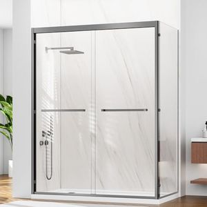 LENPHILVEE 60" W x 32" D x 76" H Semi-Framed Double Sliding Shower Glass Door, SGCC 3/8" & 5/16" Tempered Glass, Double Nano Coating, Aluminum, Leak-Proof, Gray, (Shower Base Not Included)